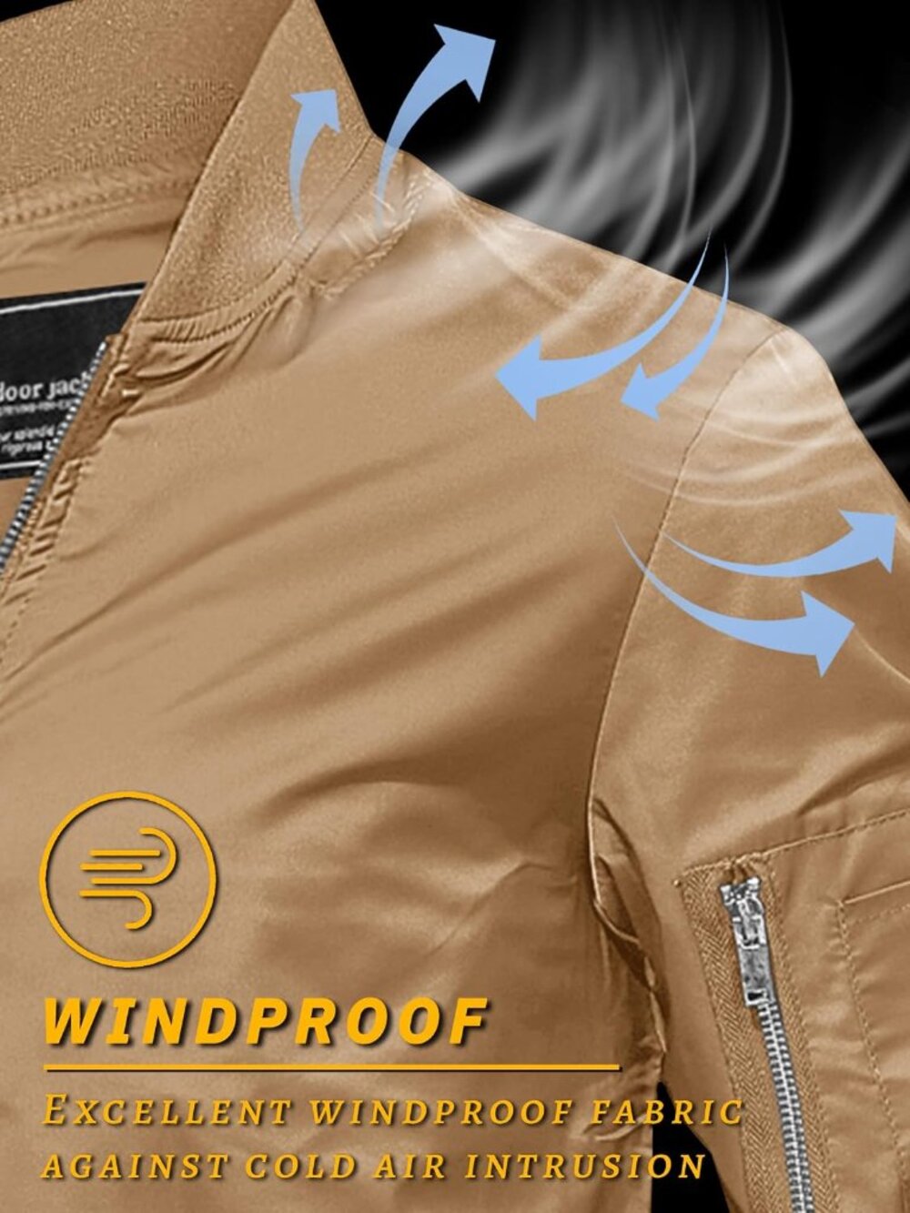 Men's Khaki Polyester Full Zipper Stand Collar Pockets Windbreaker Bomber Jacket - Picture 4 of 6
